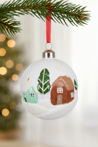 8cm matte white glass bauble with houses and brown roof (071723)