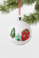 8cm matte white glass bauble with houses and red roofs (071723)