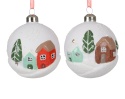 8cm matte white glass bauble with houses and red roofs (071723)