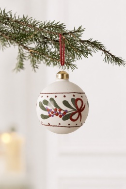 8cm matte white glass bauble with a sprig and a bow (071509)