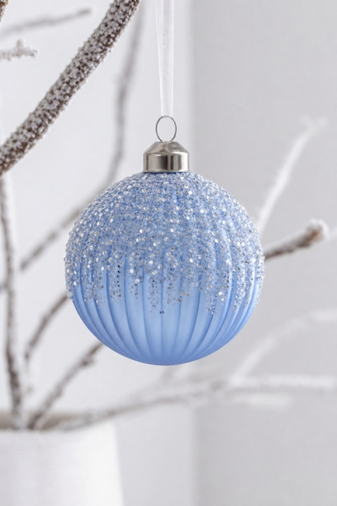 Bombka szklana 8cm karbowana ice blue z brokatem(071270)
