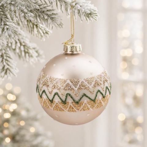 Glass bauble 8cm matte cappuccino glitter pattern (523381)-10%