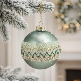 Glass bauble 8cm matte green glitter pattern (523381)-10%
