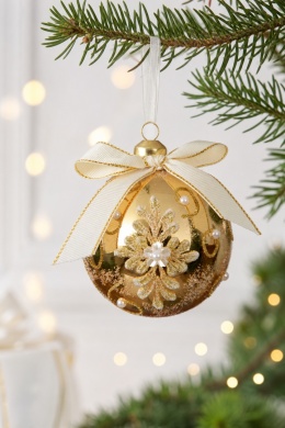 8cm glass bauble – gold glitter, pearls, and bows (071705)
