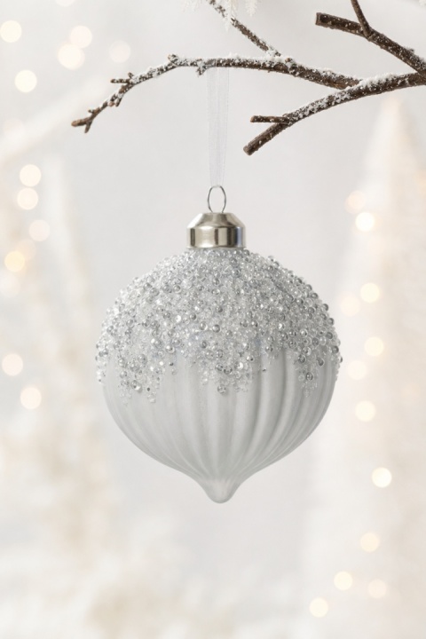 Light grey ribbed glass bauble (spinning-top shape) with glitter (071270)