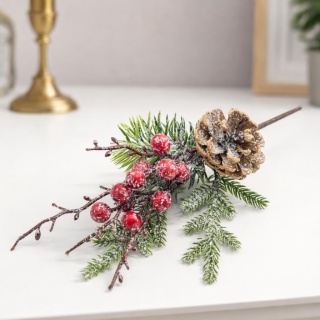 Pik 27cm z szyszką i czerwonymi owocami śnieżony (CV29671)-20%