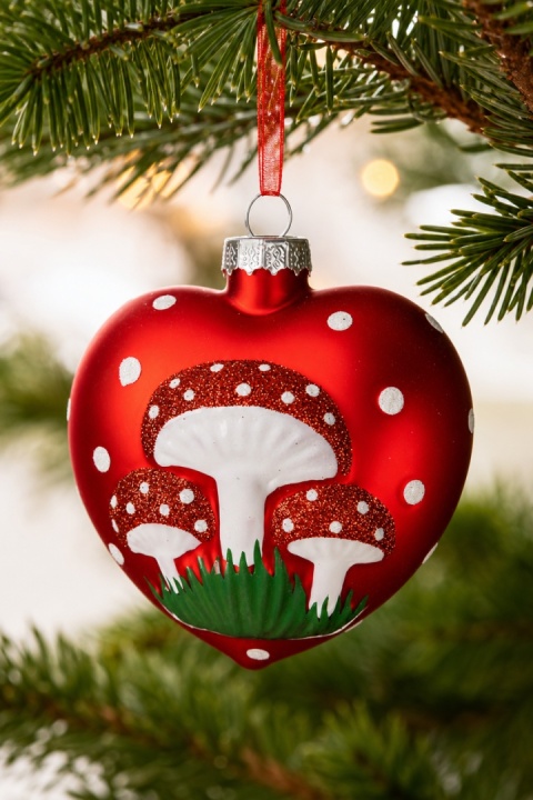 Matte red glass heart with toadstools (071568)