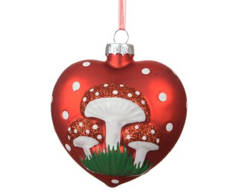 Matte red glass heart with toadstools (071568)