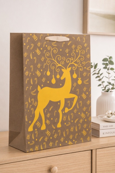 Torebka na prezenty duża złoty renifer (162923) h:40x30x12cm