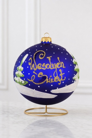 150mm matte navy blue glass bauble with Holy Family (single piece)