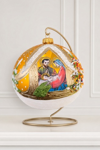 150mm matte gold glass bauble with the Holy Family (single piece)
