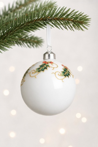 8cm white opal glass bauble with holly sprigs (071478)