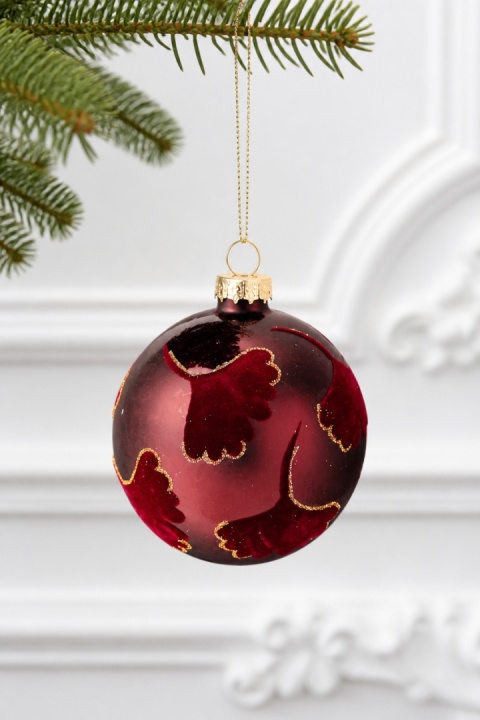 8cm glass bauble – velvet ginkgo leaf, burgundy, glossy finish (545693)