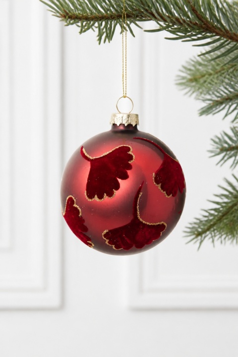 8cm glass bauble – matte burgundy velvet ginkgo (545693)