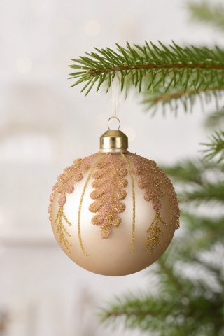 8cm matte ecru glass bauble with rose-gold glitter twigs (071495)