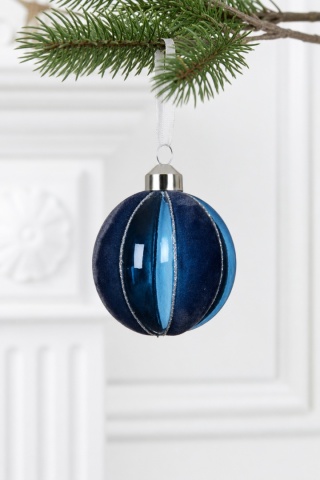 8cm glass bauble, navy blue with velvet stripes (071831)