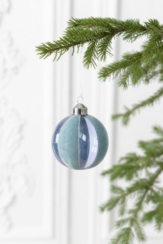 Blue glass bauble, 8 cm, with velvet stripes (071831)