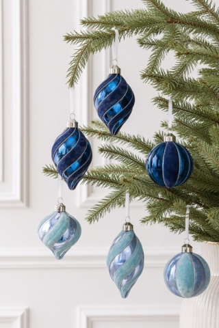 Blue glass bauble, 8 cm, with velvet stripes (071831)
