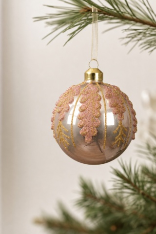 8cm glass bauble, opal pink with rose-gold glitter branches (071495)
