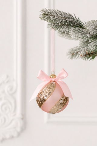 8cm glass bauble, matte pink with stripes and stones (071703)