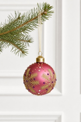8cm pink glass bauble with a gold snowflake and pearls (071579)
