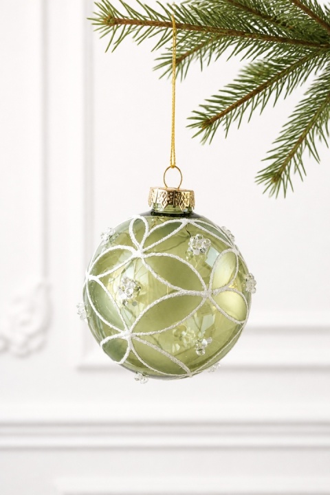 Transparent green glass bauble, 8 cm, with stones (551489)