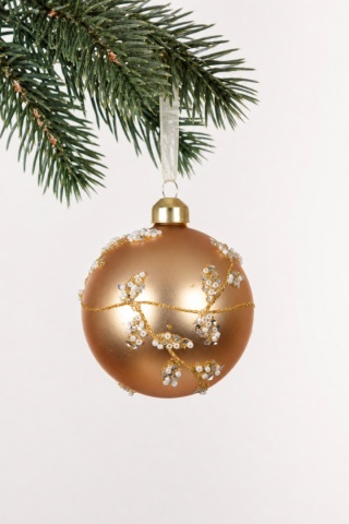 8cm glass bauble, matte gold with beads and glitter (071488))