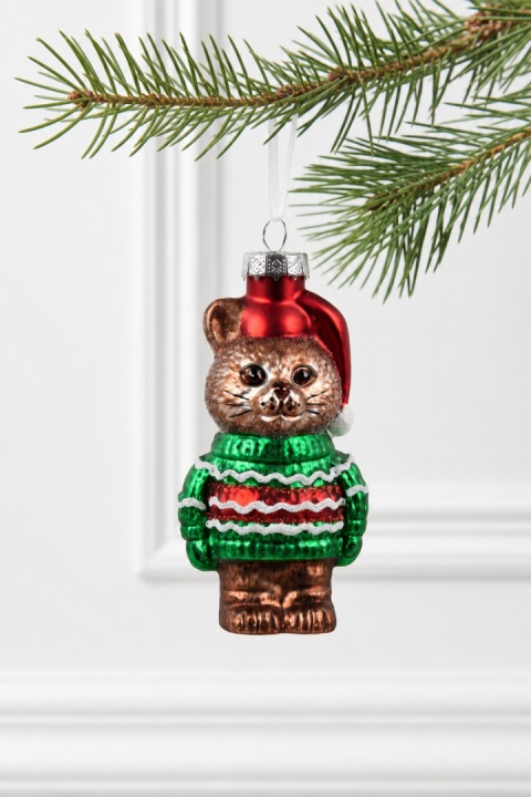 Glass ornament: Brown kitten in a green sweater (D)(124121)