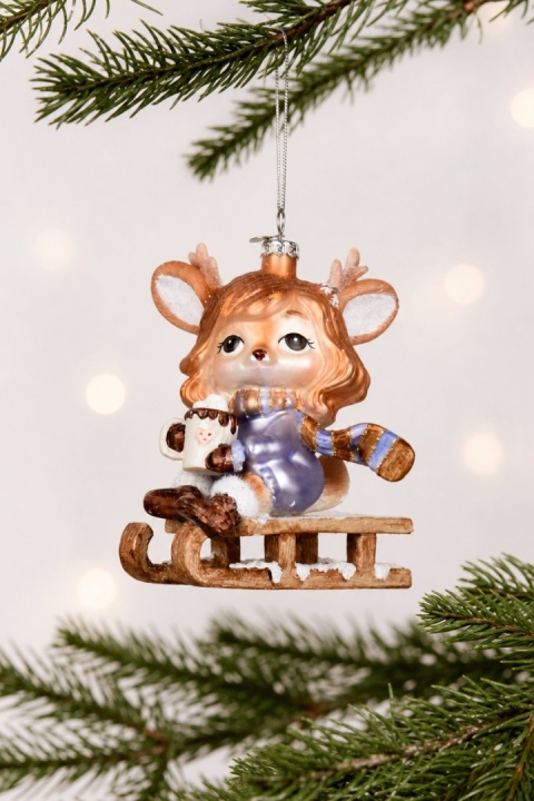 Glass ornament: Reindeer girl on a sled (124024)