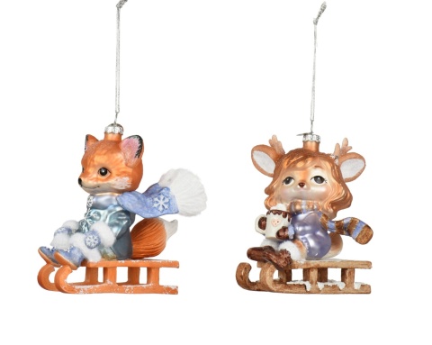 Glass ornament: Reindeer girl on a sled (124024)
