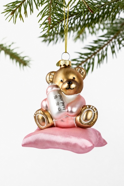 Glass bauble: Teddy bear on a pink pillow (121831)