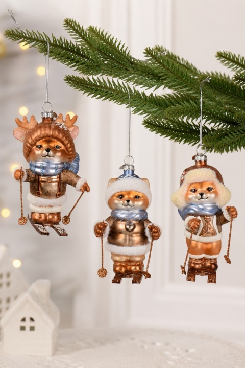 Glass bauble: Teddy bear in a reindeer hat on skis (124029)