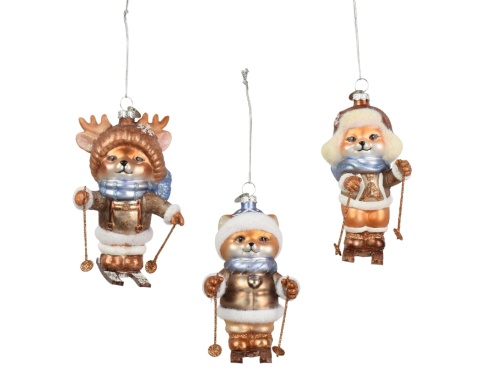 Glass bauble: Teddy bear in a reindeer hat on skis (124029)