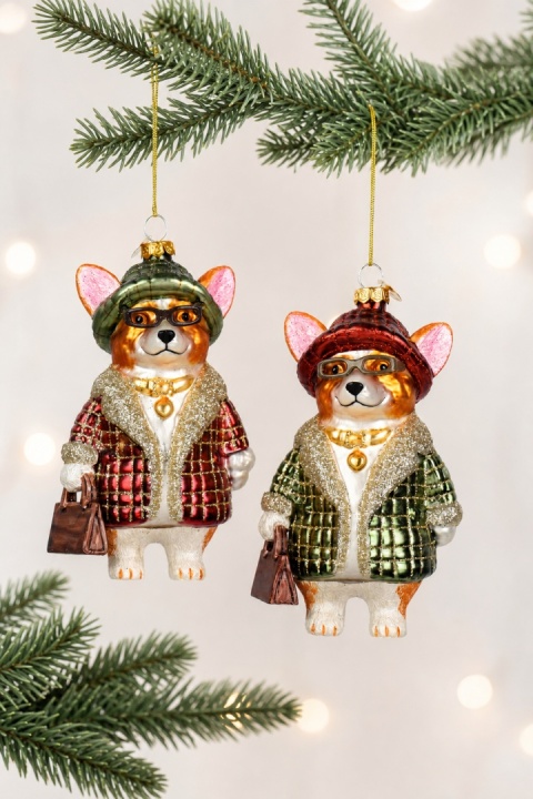 Glass ornament: Dog in glasses and green coat (124013)