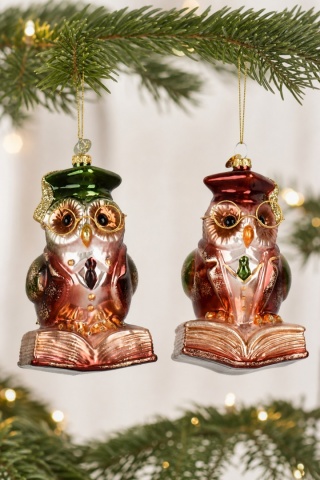 Bombka szklana: Sowa na książce zielona czapka (124010)
