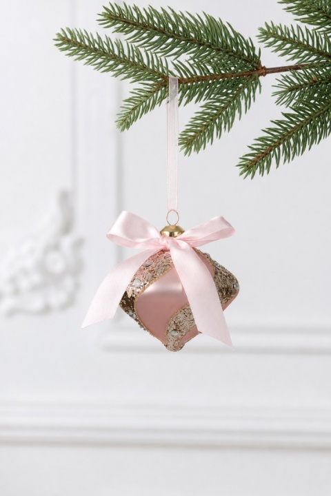 Glass ornament, matte pink spinning-top shape with stripes and stones (071703)