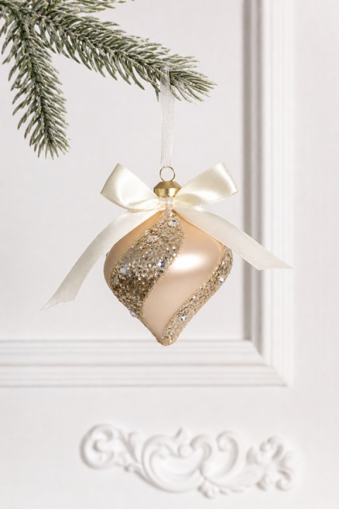 Glass ornament, matte gold spinning-top shape with stripes and stones (071703)