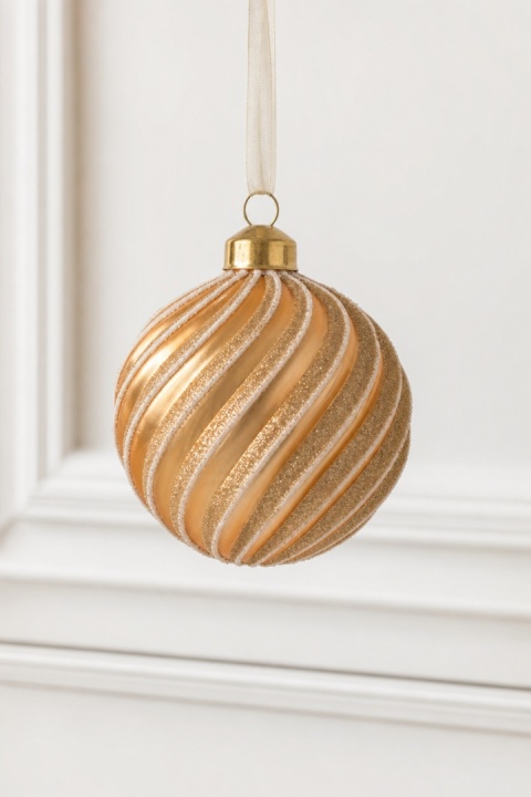 Ribbed glass bauble, 8 cm, matte gold with gold glitter (071701)