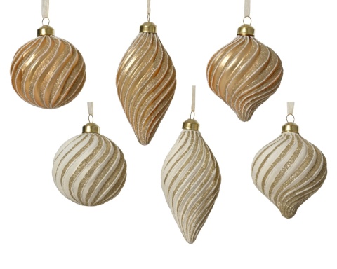 Ribbed glass bauble, 8 cm, matte gold with gold glitter (071701)