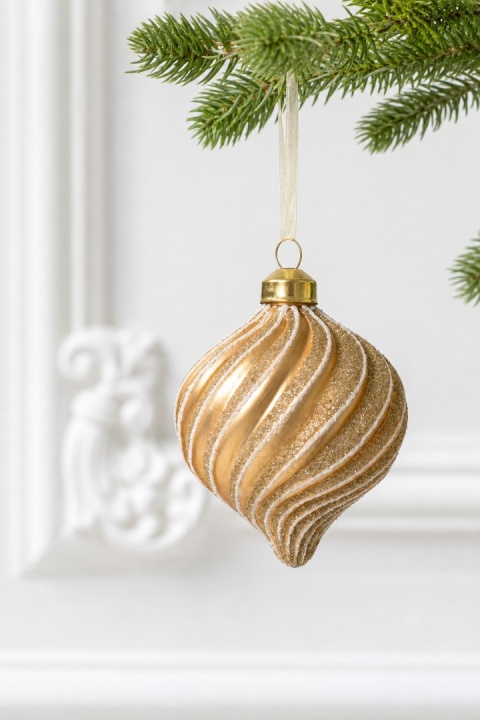Ribbed glass bauble, spinning-top shape, matte gold with gold glitter (071701)