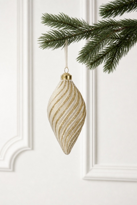 Ribbed glass icicle ornament, matte white with gold glitter (071701)
