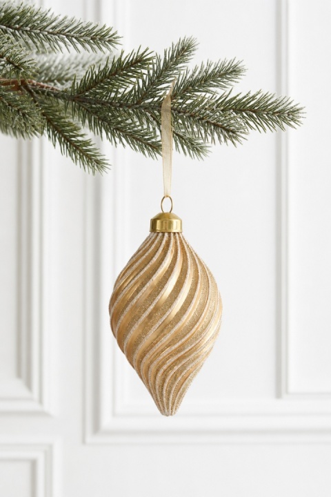 Ribbed glass icicle ornament, matte gold with gold glitter (071701)
