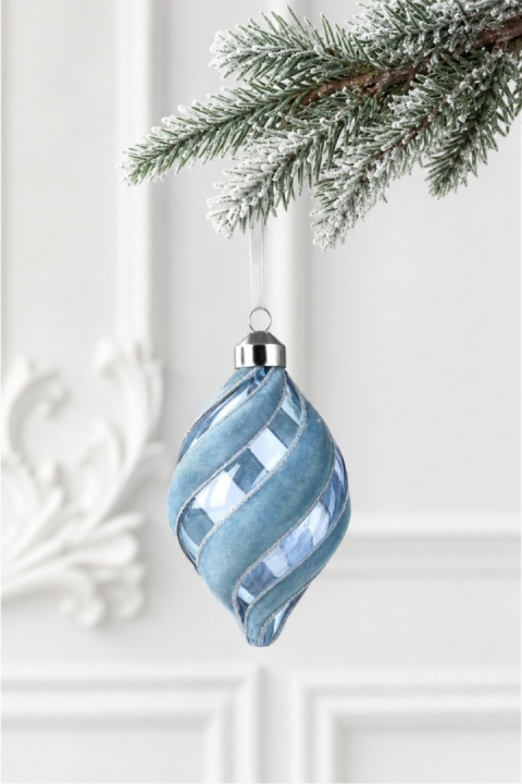 Bombka szklana sopel niebieski welurowe pasy (071831)