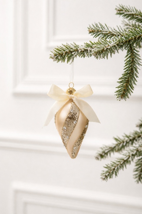 Matte gold glass icicle ornament with stripes and stones (071703)