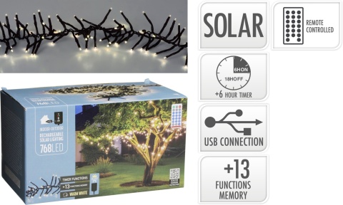 Solar string lights, 768 warm white LEDs, 5.6m (13 ft), remote control + USB (AEX100140)