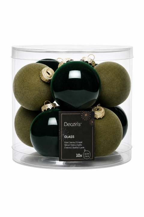 Set of 10 glass baubles, 6 cm diameter, mixed green velvet finish (062272), in a tube