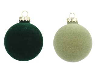 Set of 10 glass baubles, 6 cm diameter, mixed green velvet finish (062272), in a tube
