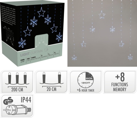 Curtain light 200x200cm, 266 LEDs, cool white, mixed stars and snowflakes (AVX100620), 8 functions, timer.