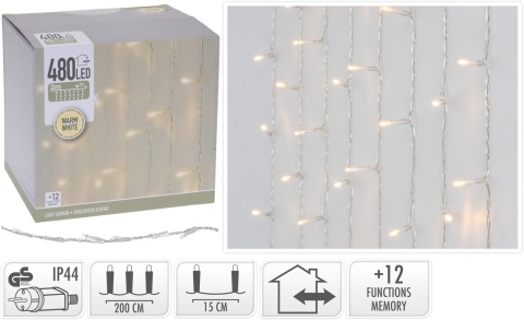 480-LED curtain light, 12 functions, 2m (W) x 3m (H), 240V, indoor/outdoor (AX8405860), extra warm white, transparent cable