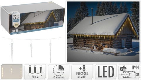 72-LED Warm White Icicle Curtain Light, 8 Functions, Timer, 6.9m (AX8103120)